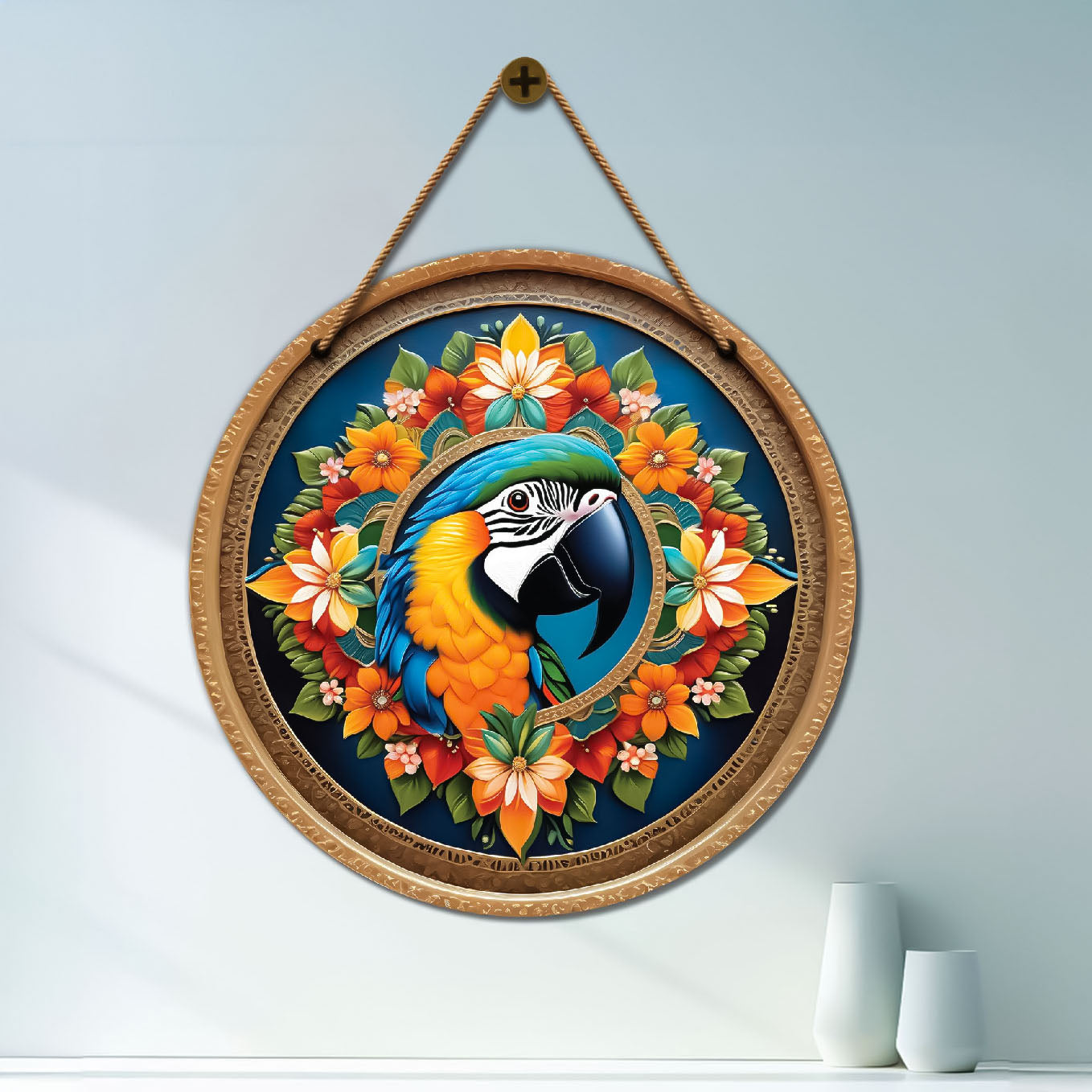 Parrot in floral and blue mandala Round Wooden Wall Hanging for wall Décor - Design - 54