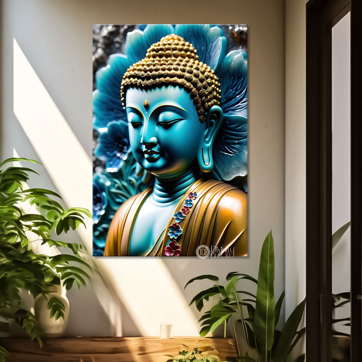 Blue buddha with blue flower background textured painting - Buddha-V-55