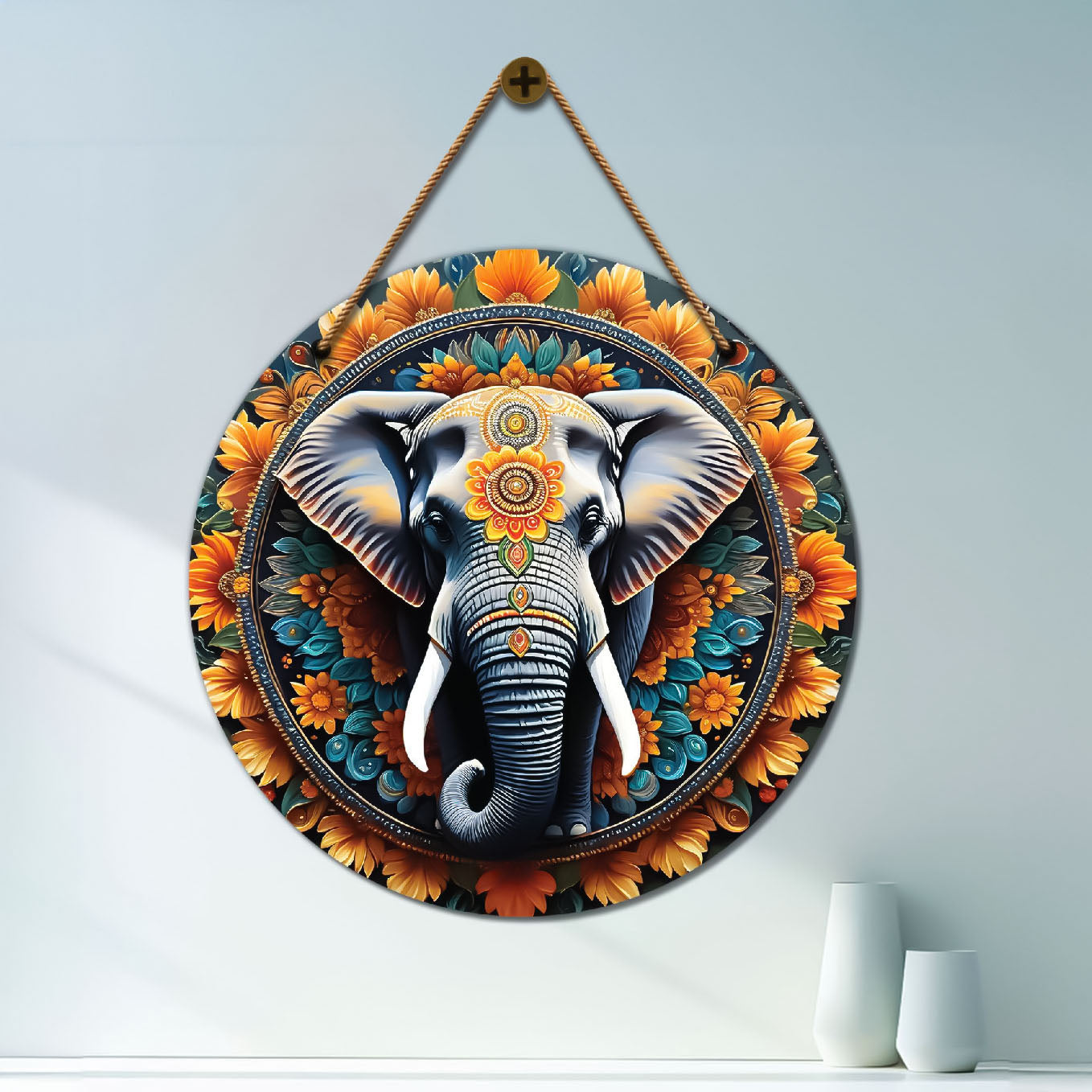 Elephant in orange and blue mandala Round Wooden Wall Hanging for wall Décor - Design - 55