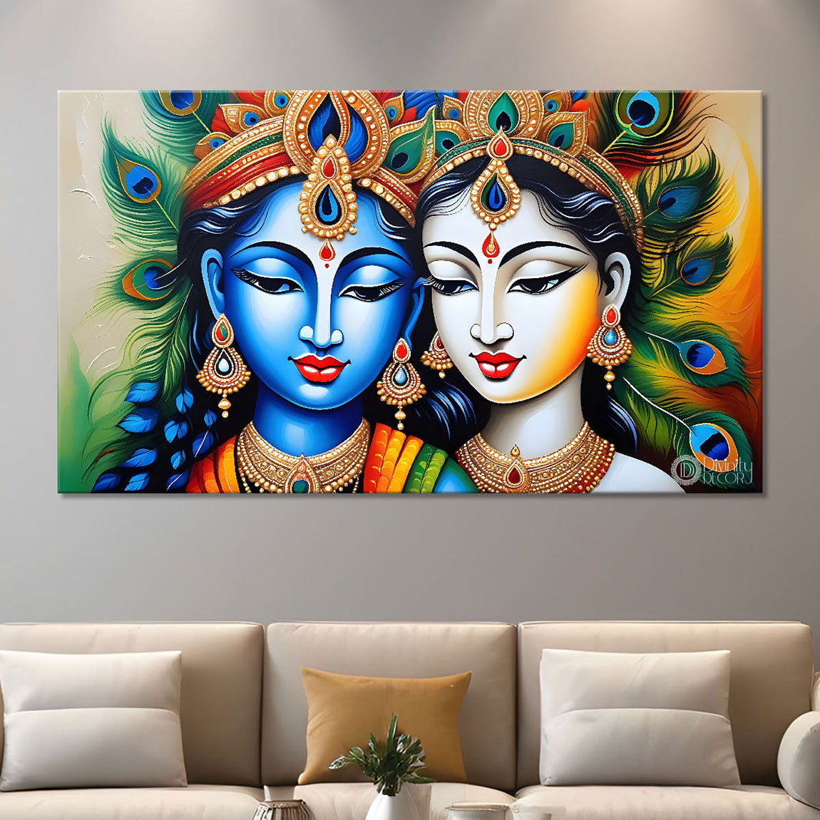 Blue face Krishna and Radha with peacock feathers painting Canvas Painting - Design - Krishna-55