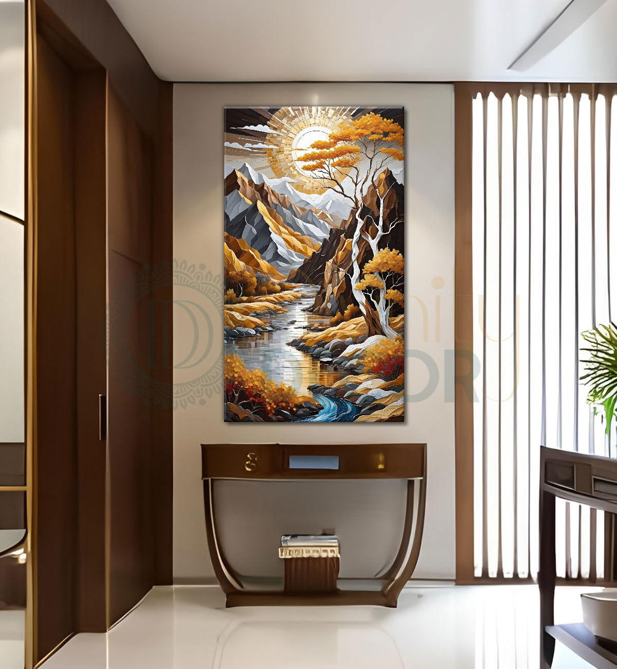 Mountians with lake , trees and moon in golden and white textured painting Canvas Painting - Nature Art -V-55