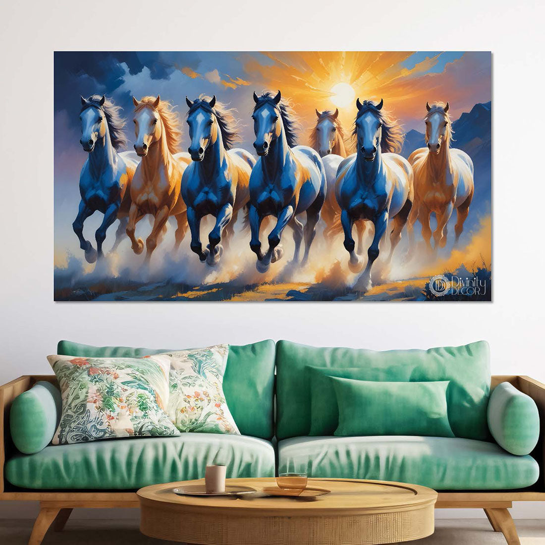Brown and blue running horses in sunrise and blue textured background art Canvas Painting - Design - Horse-55