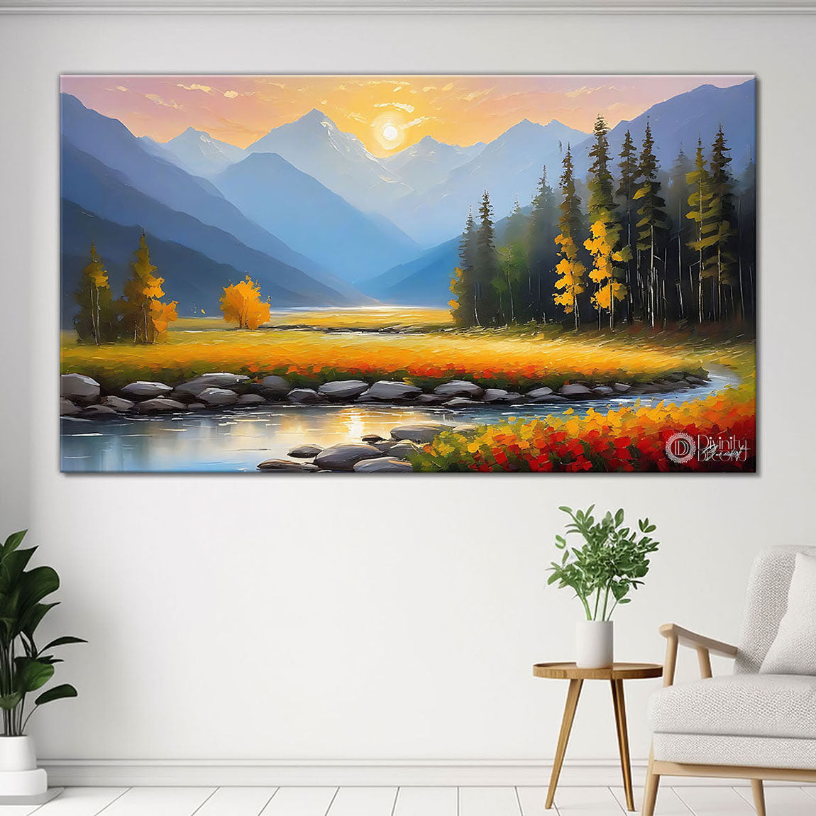 Mountains with colorful trees and lake in textured natural art Canvas Painting - Nature Art -55