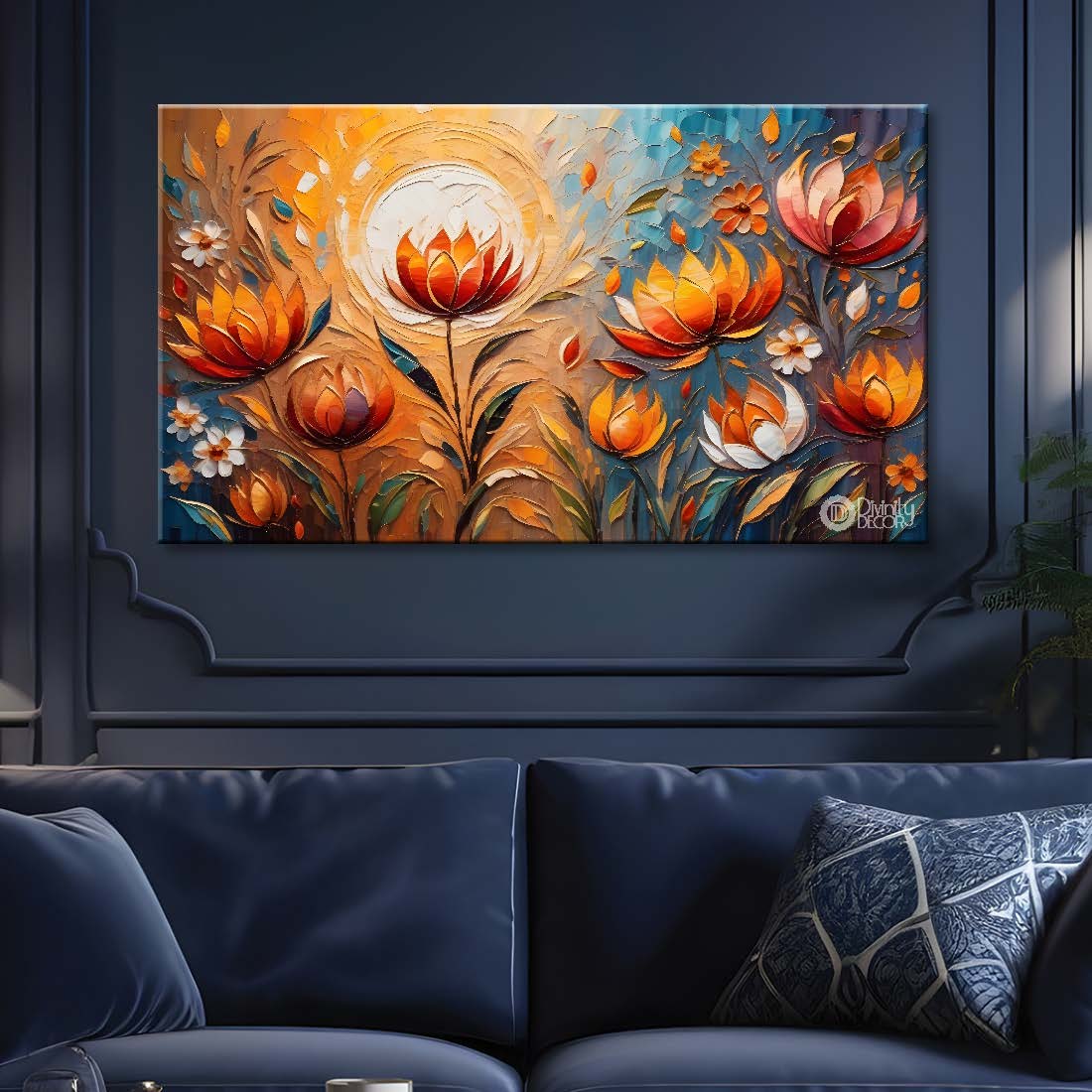 Orange flowers with sunrise textured painting- Design - Flower-55