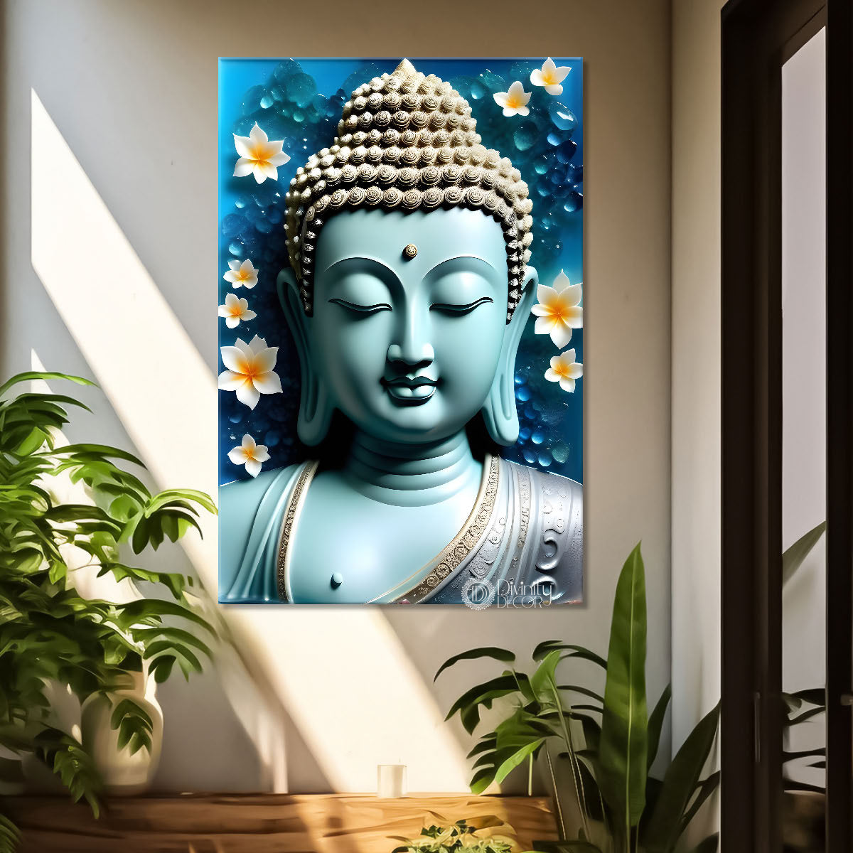 Sky blue buddha  in white flowers background textured painting - Buddha-V-56