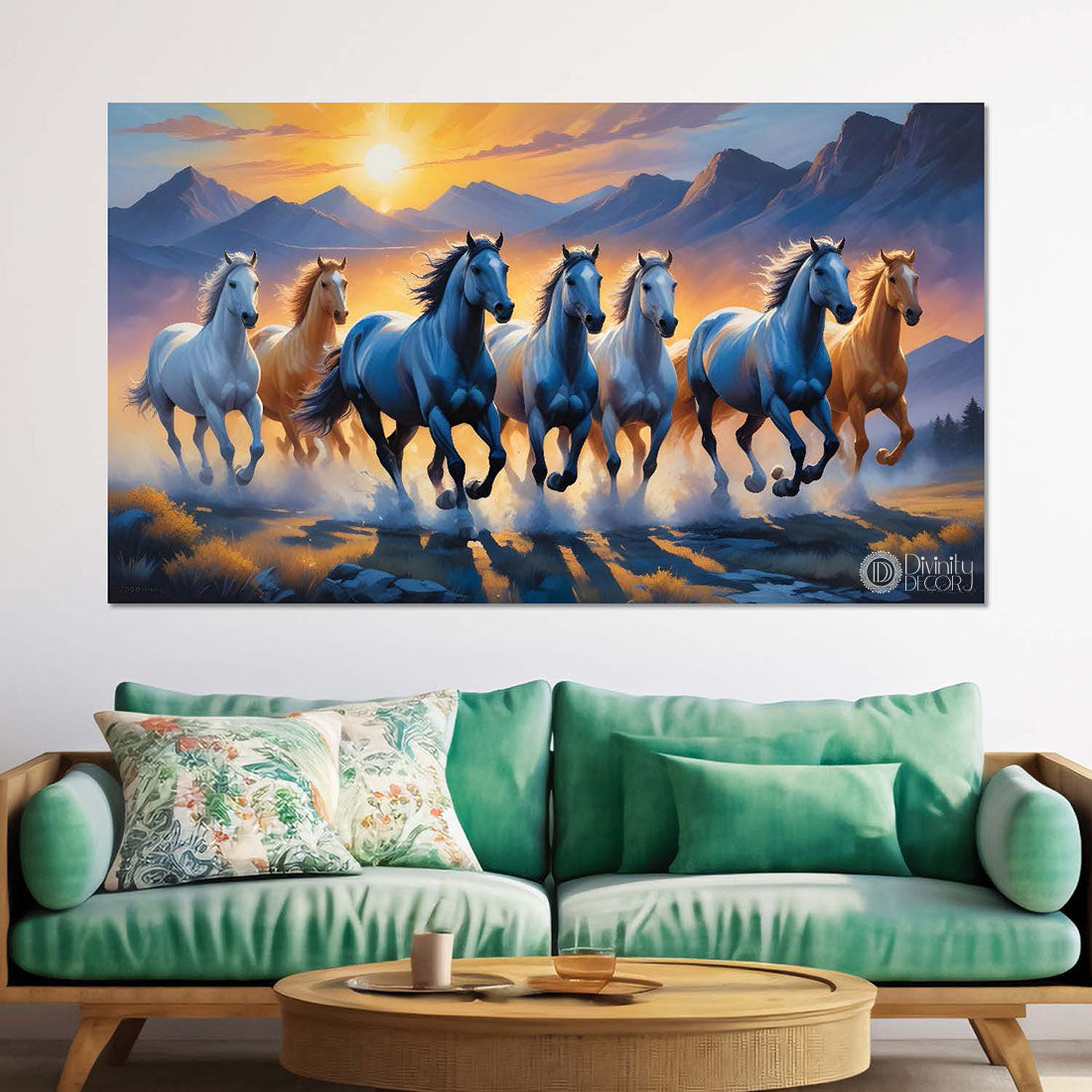 Brown and blue running horses with mountains and sunrise in blue textured background art Canvas Painting - Design - Horse-56