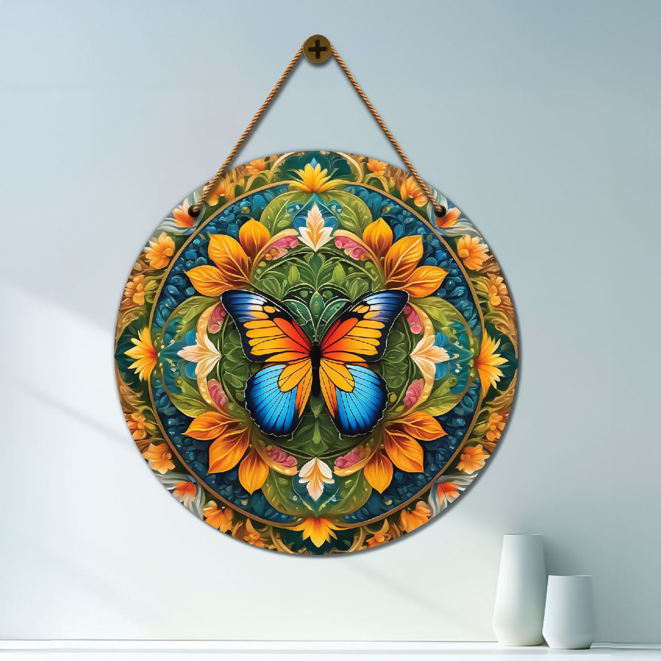Colourful butterfly in green mandala Round Wooden Wall Hanging for wall Décor - Design - 56