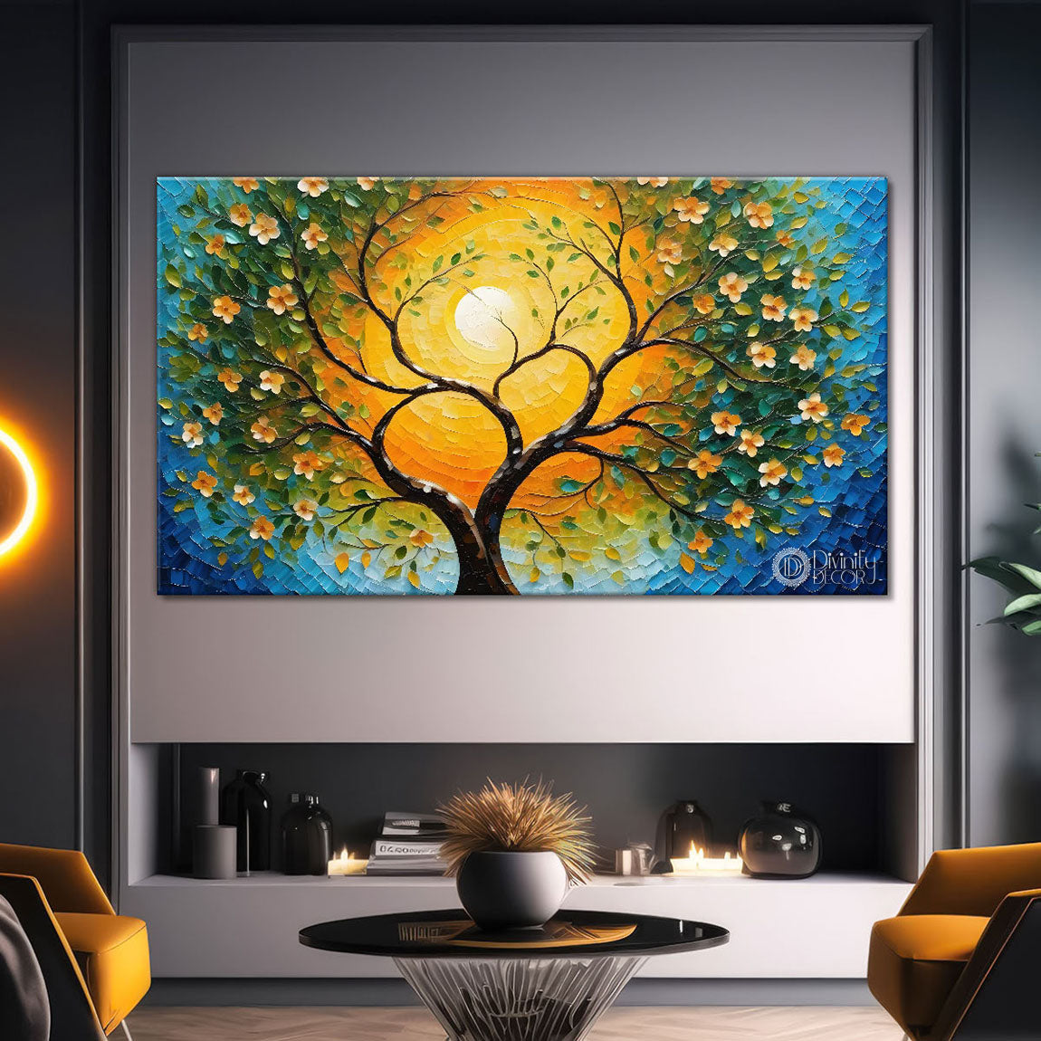 Orange flower tree in textured modern art Canvas Painting - Design - Tree-56
