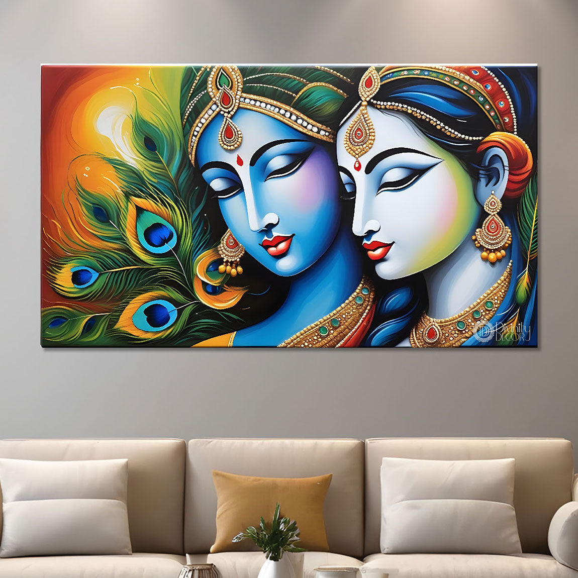 Blue face Krishna and Radha with peacock feathers painting Canvas Painting - Design - Krishna-56