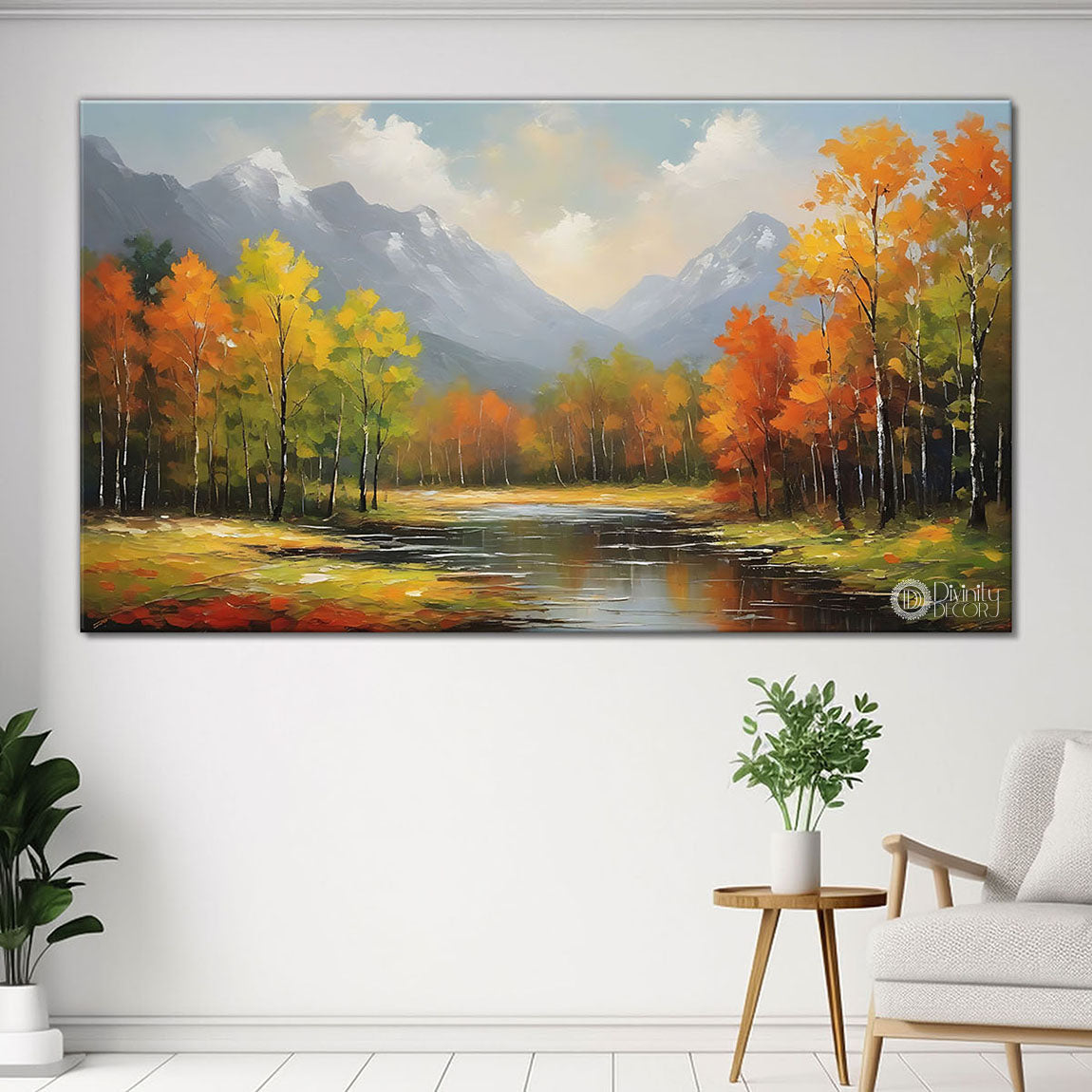Mountains with colorful trees and lake in textured natural art Canvas Painting - Nature Art -56