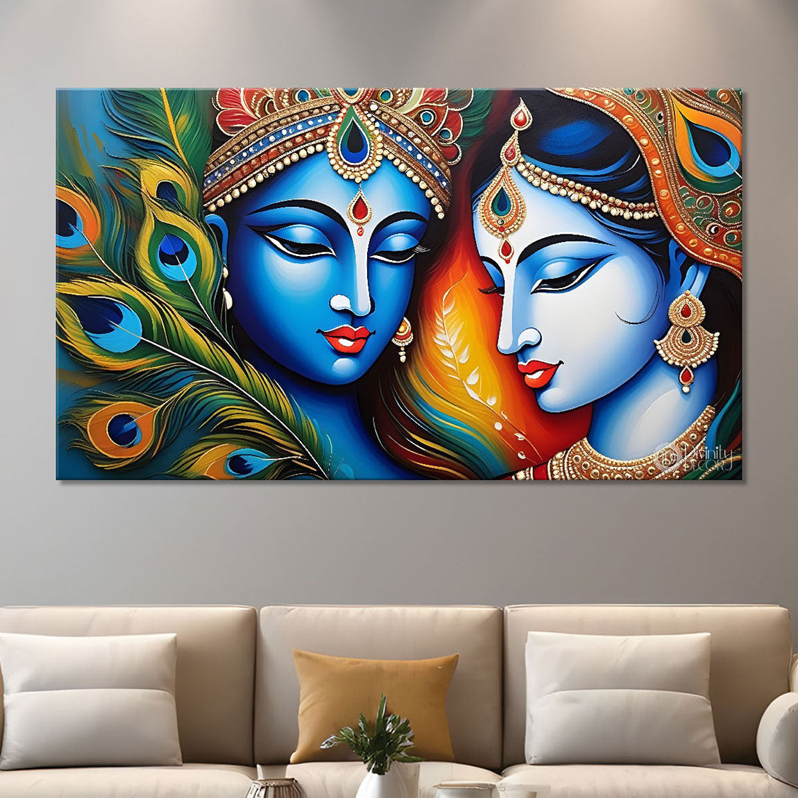 Blue face Krishna and Radha with peacock feathers painting Canvas Painting - Design - Krishna-57