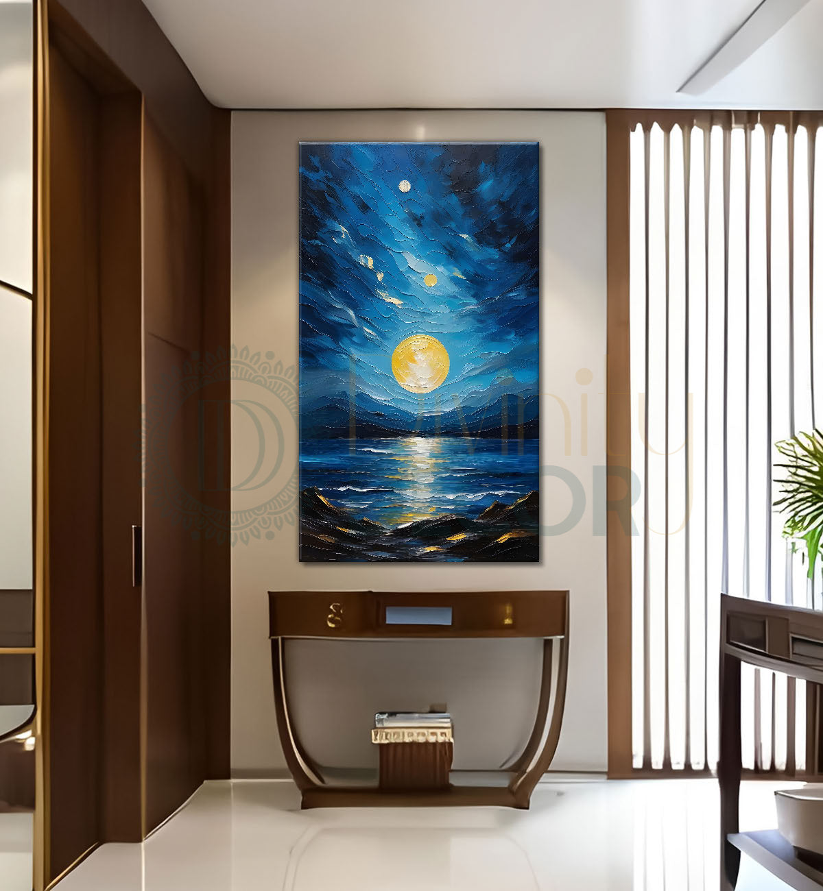 River in mountians in night background with moon textured painting Canvas Painting - Nature Art -V-57