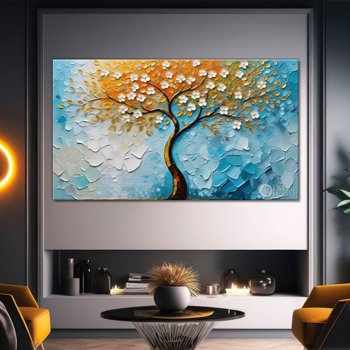 White flower tree in textured background oil painting Canvas Painting - Design - Tree-57