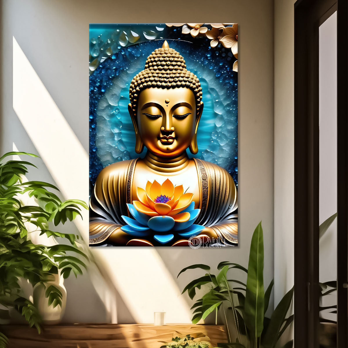 Golden buddha with blue background painting - Buddha-V-57