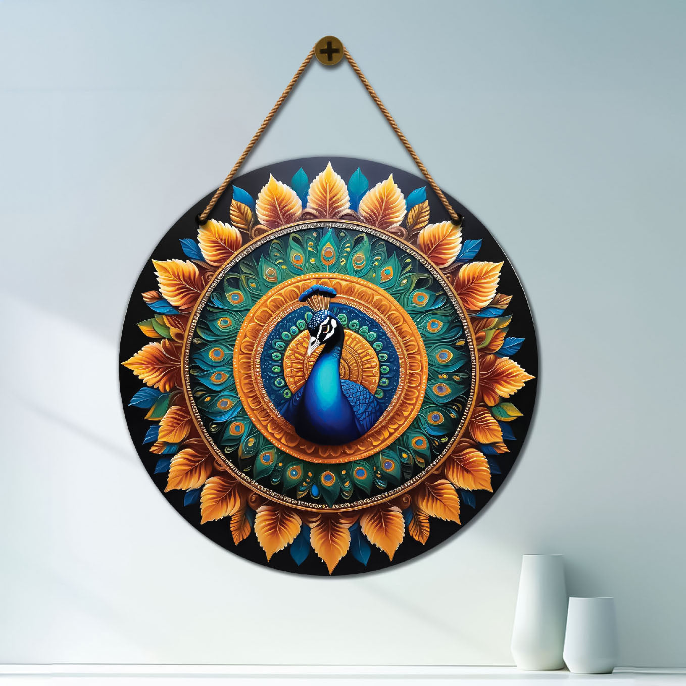 Peacock in orange and green mandala Round Wooden Wall Hanging for wall Décor - Design - 57