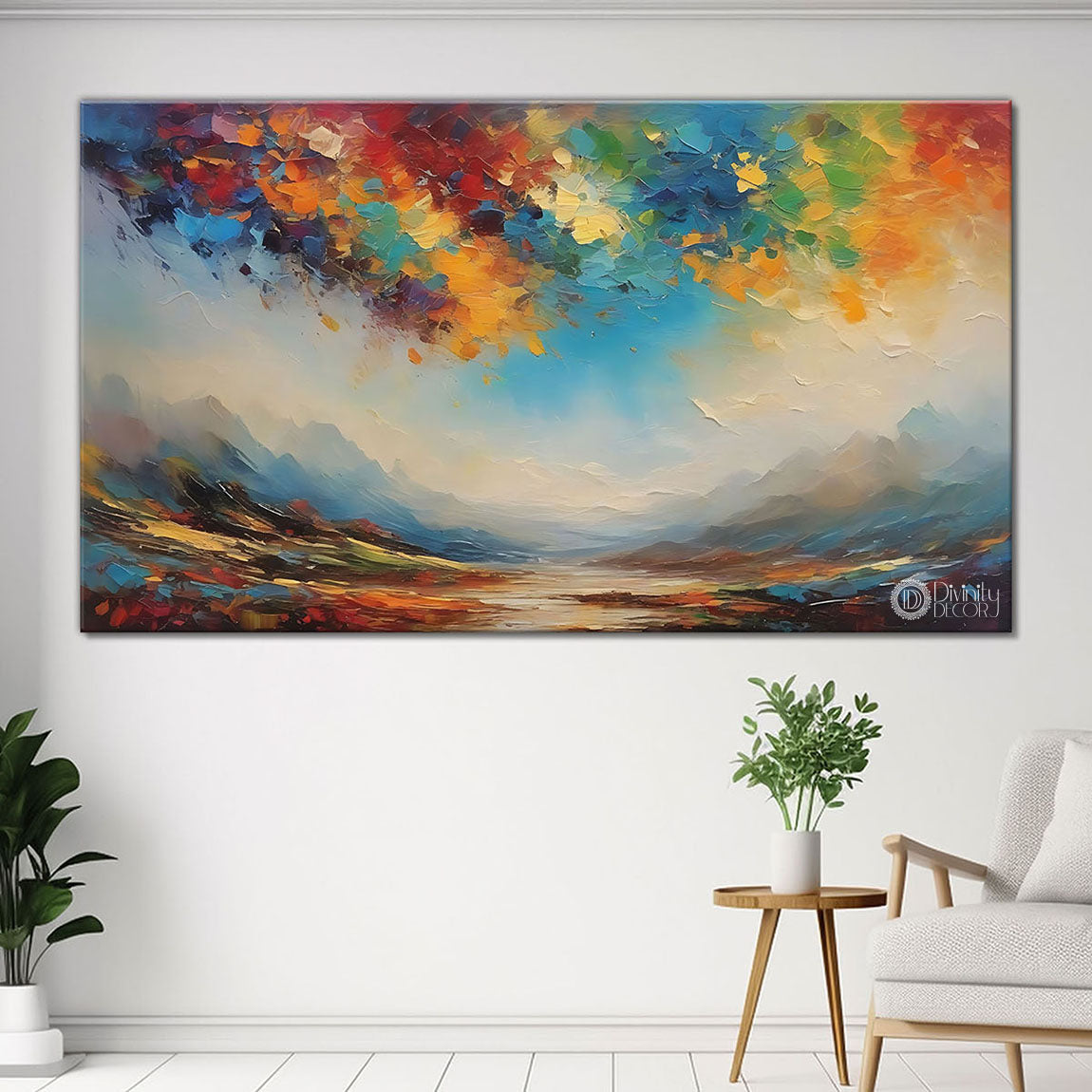 Mountains with colorful sky in textured oil painting Canvas Painting - Nature Art -57