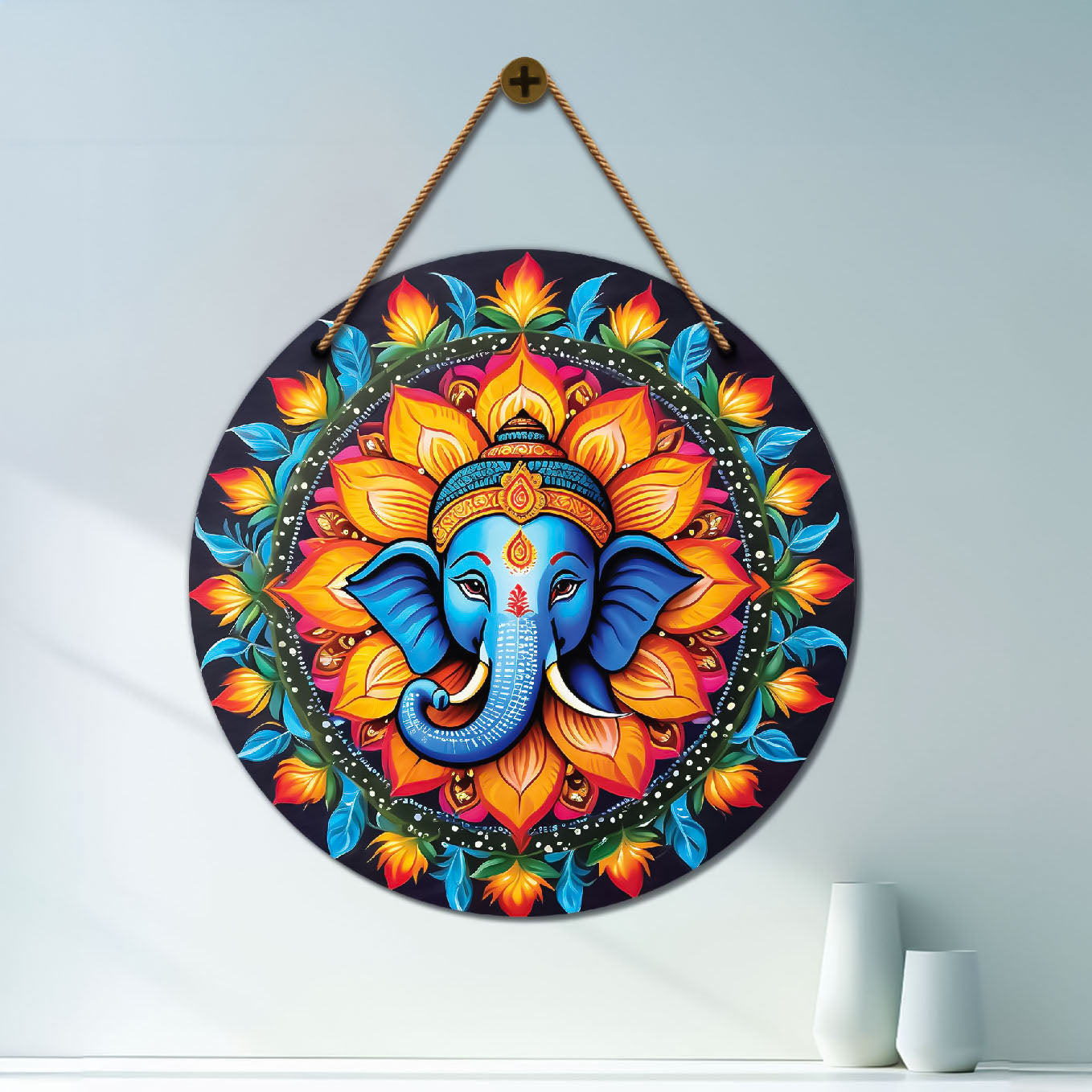Ganesh Ji in orange and green mandala Round Wooden Wall Hanging for wall Décor - Design - 58