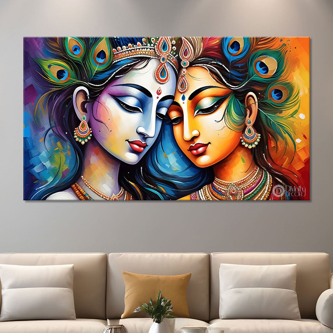 Brown face Krishna and Radha with peacock feathers painting Canvas Painting - Design - Krishna-58