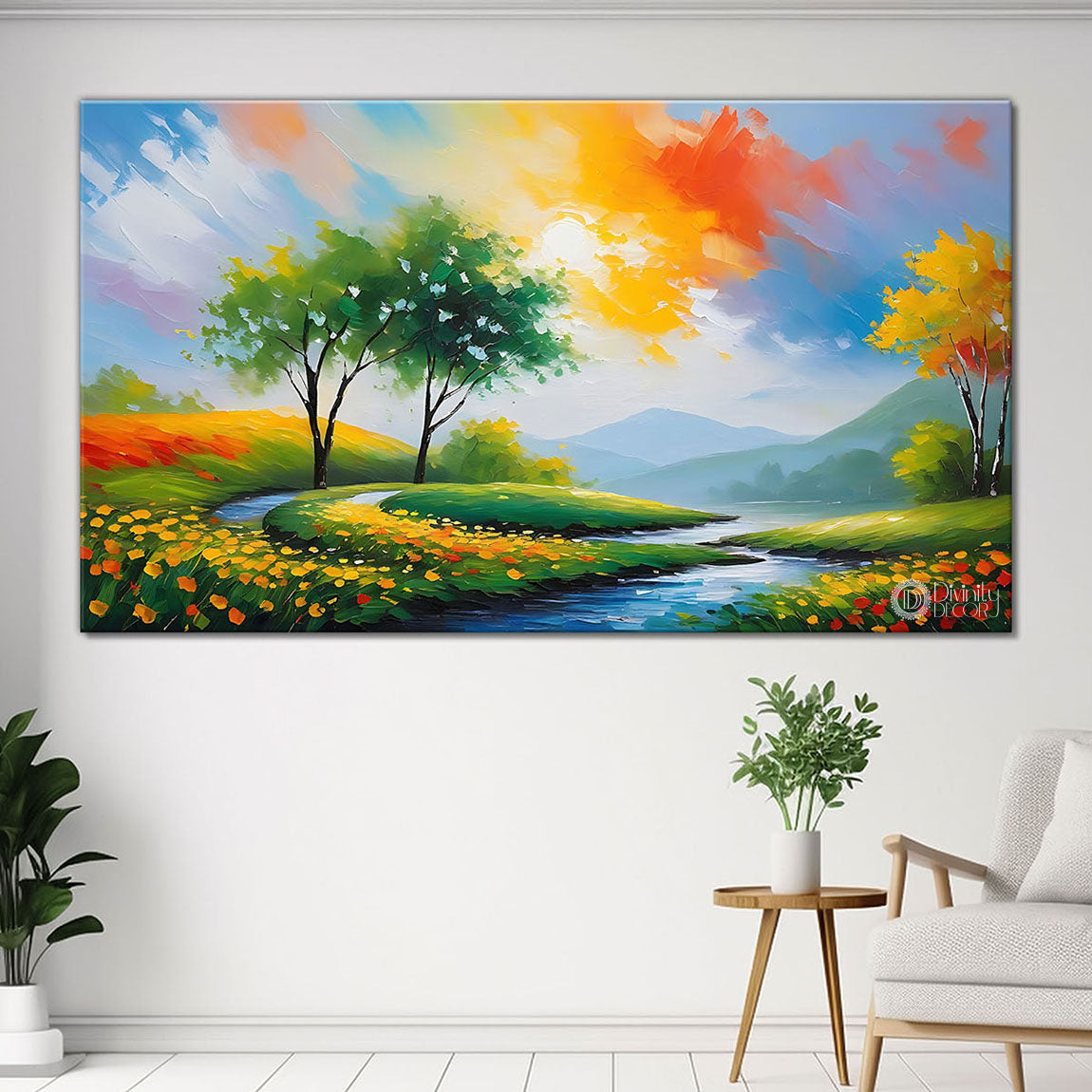 Tree with lake in colorful sky in textured natural art Canvas Painting - Nature Art -58