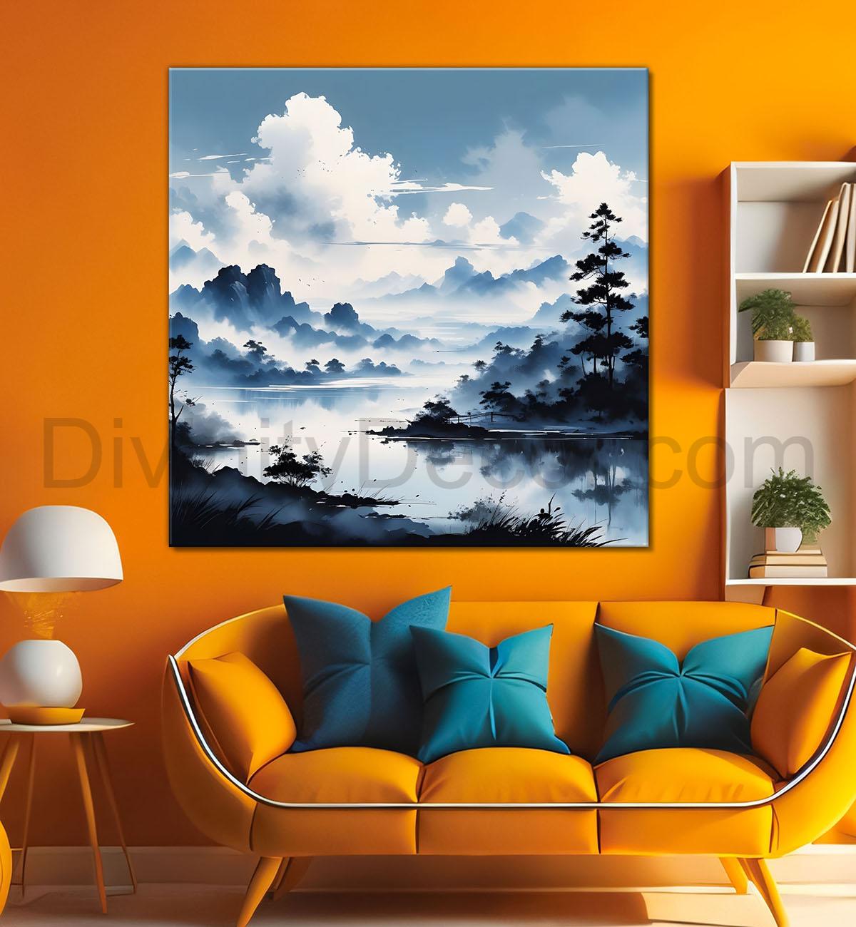 Mountains with trees and river with clouds water colour painting Canvas Painting 24X24- Nature Art -S-58