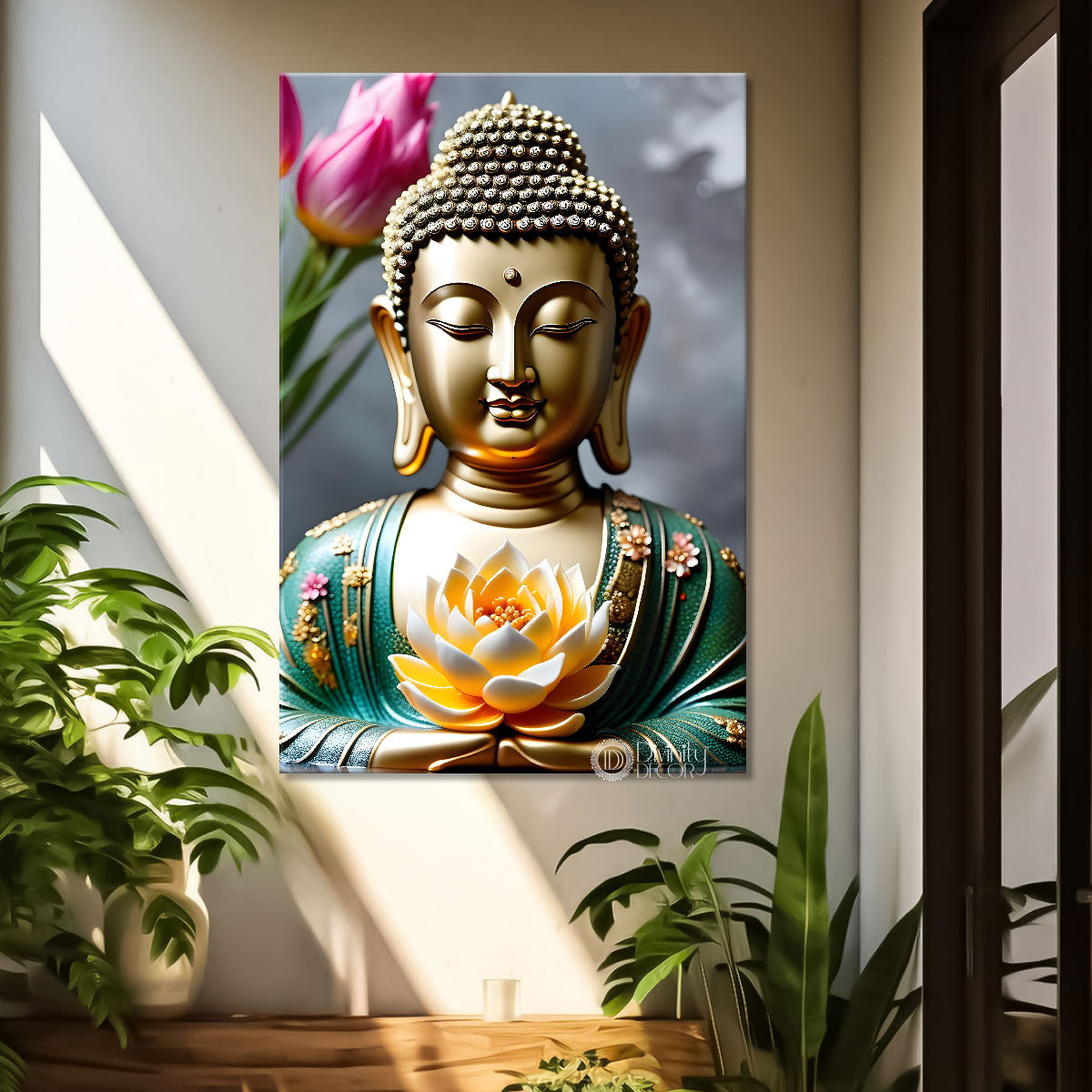 Golden buddha with grey background textured painting - Buddha-V-58