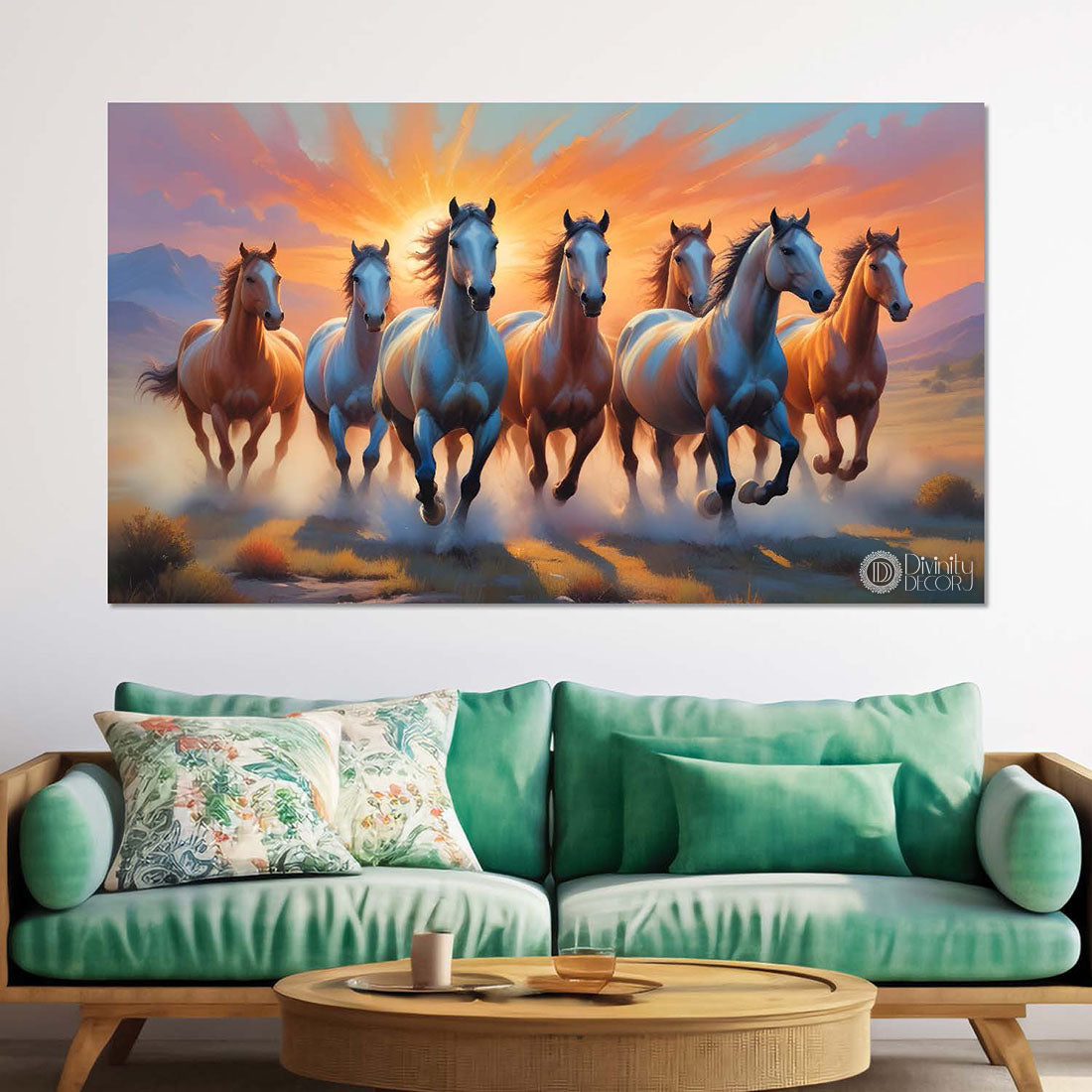Brown running horses with sunrise textured background art Canvas Painting - Design - Horse-58