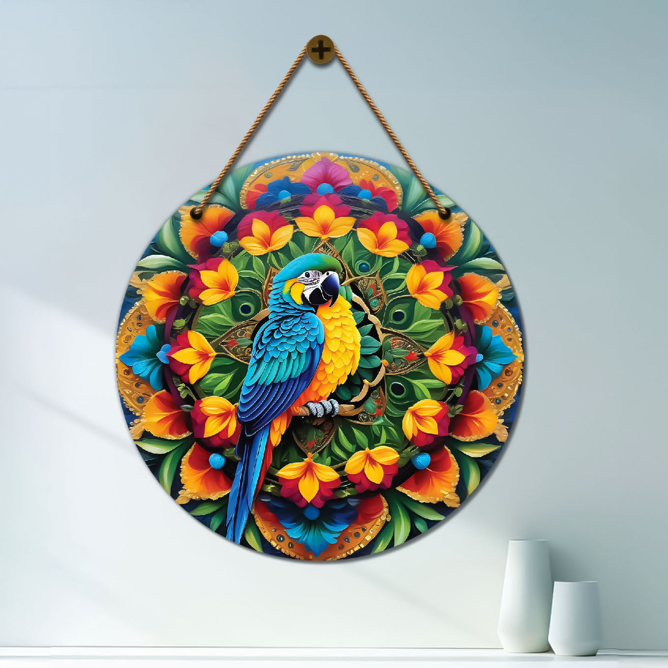 Parrot in floral and green mandala Round Wooden Wall Hanging for wall Décor - Design - 59