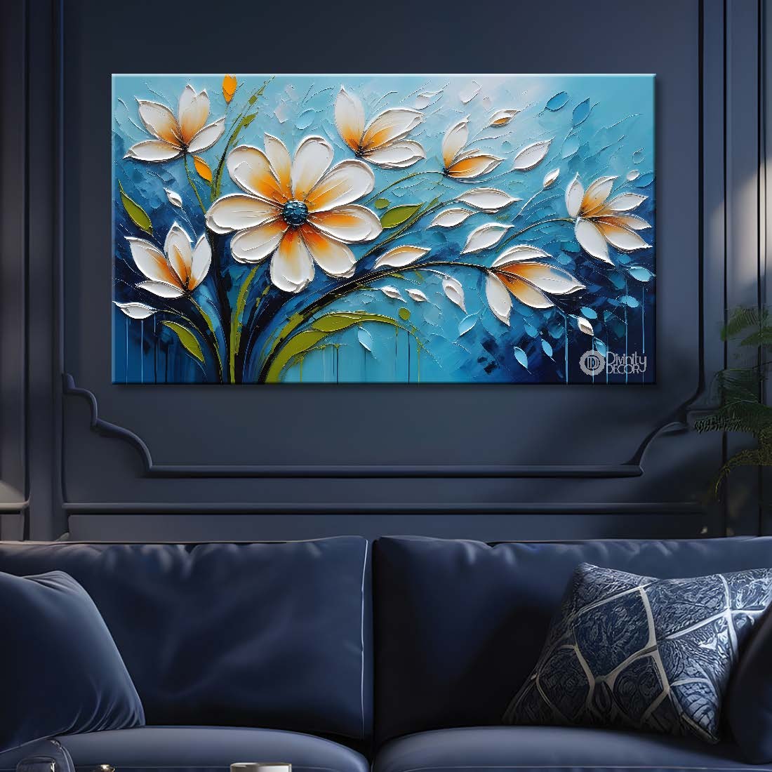 White flowers with blue textured painting- Design - Flower-59