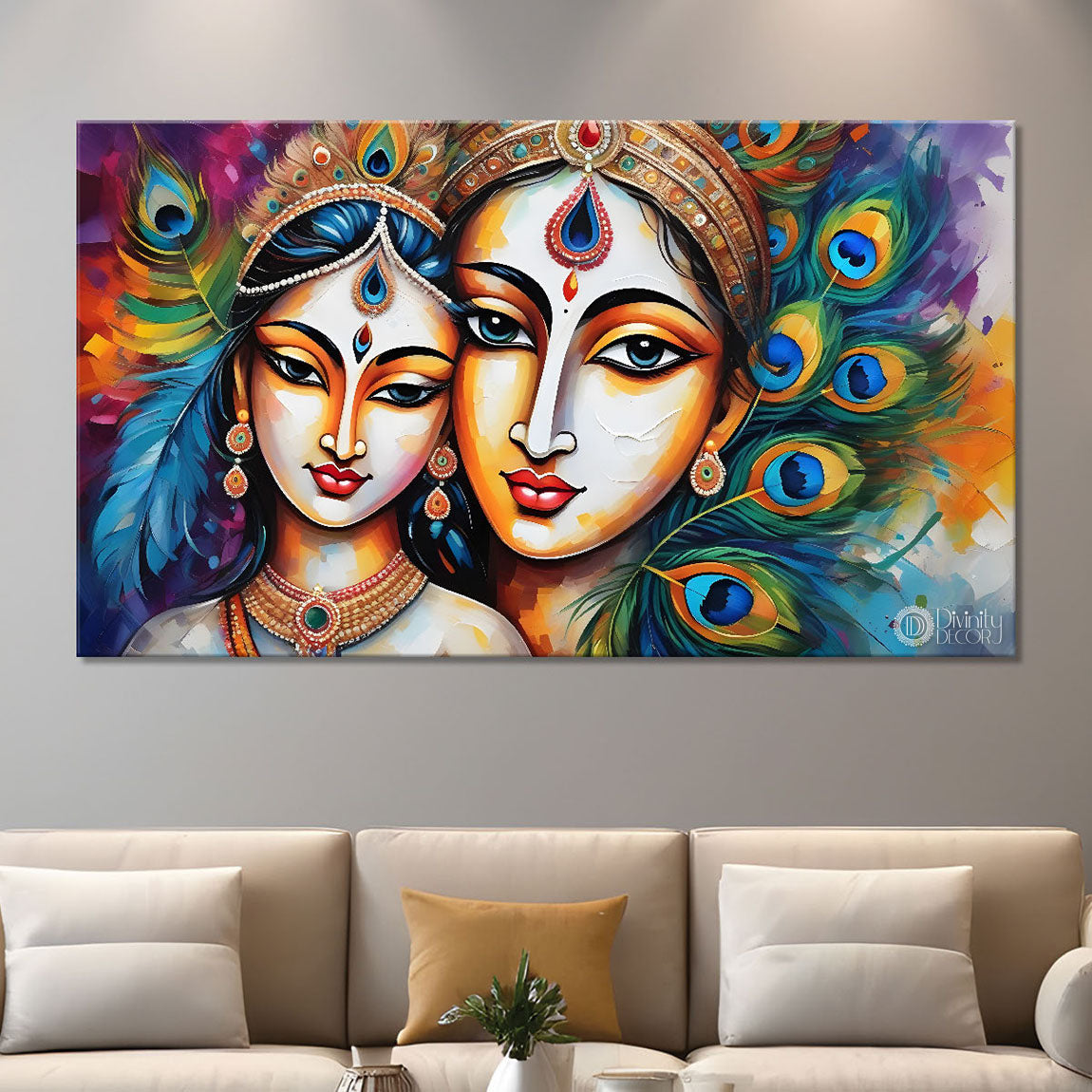 Brown face Krishna and Radha with peacock feathers painting Canvas Painting - Design - Krishna-59