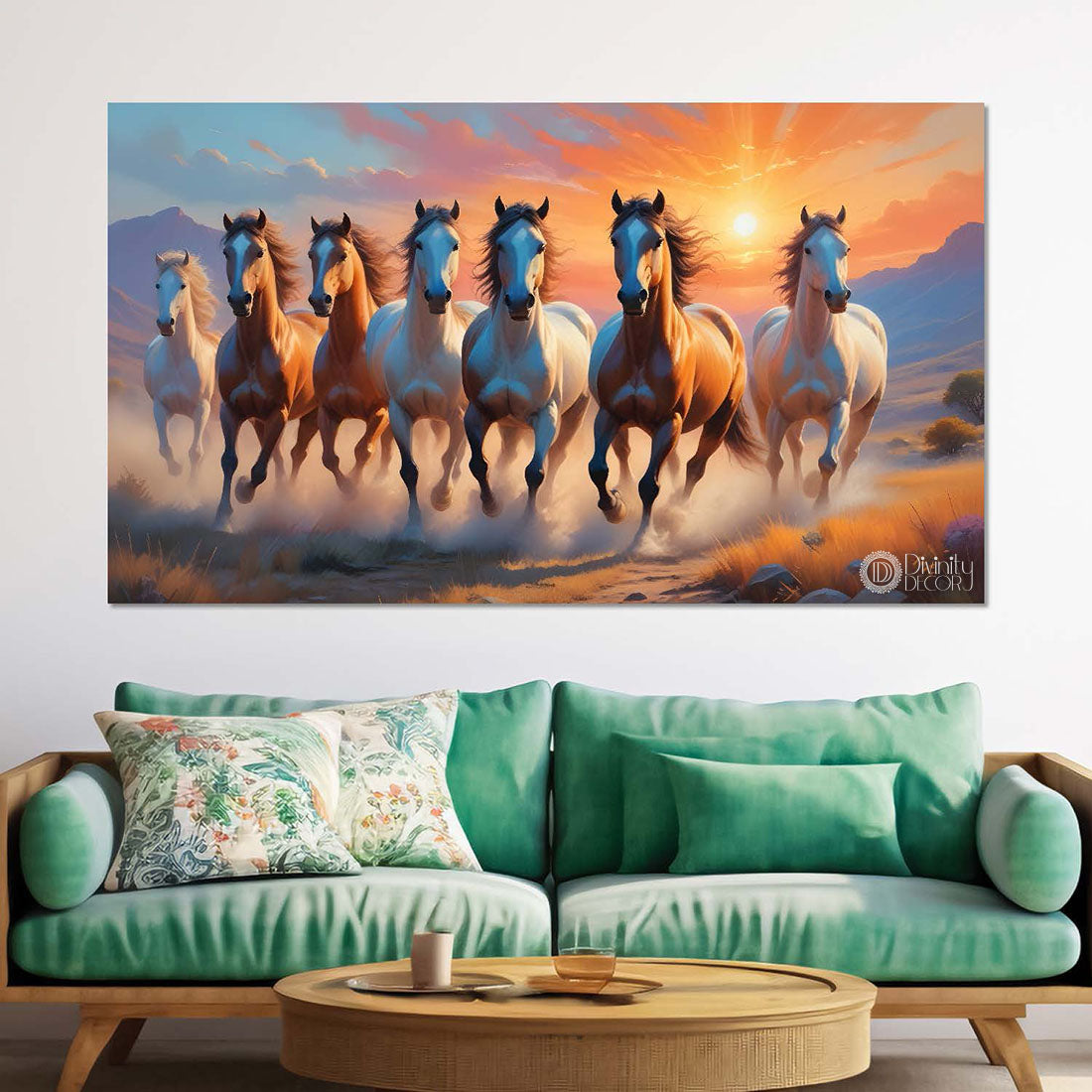 Brown running horses with sunrise textured background art Canvas Painting - Design - Horse-59
