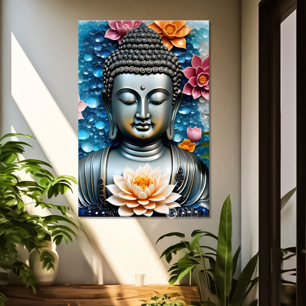 Grey buddha with colourful flowers textured painting - Buddha-V-59