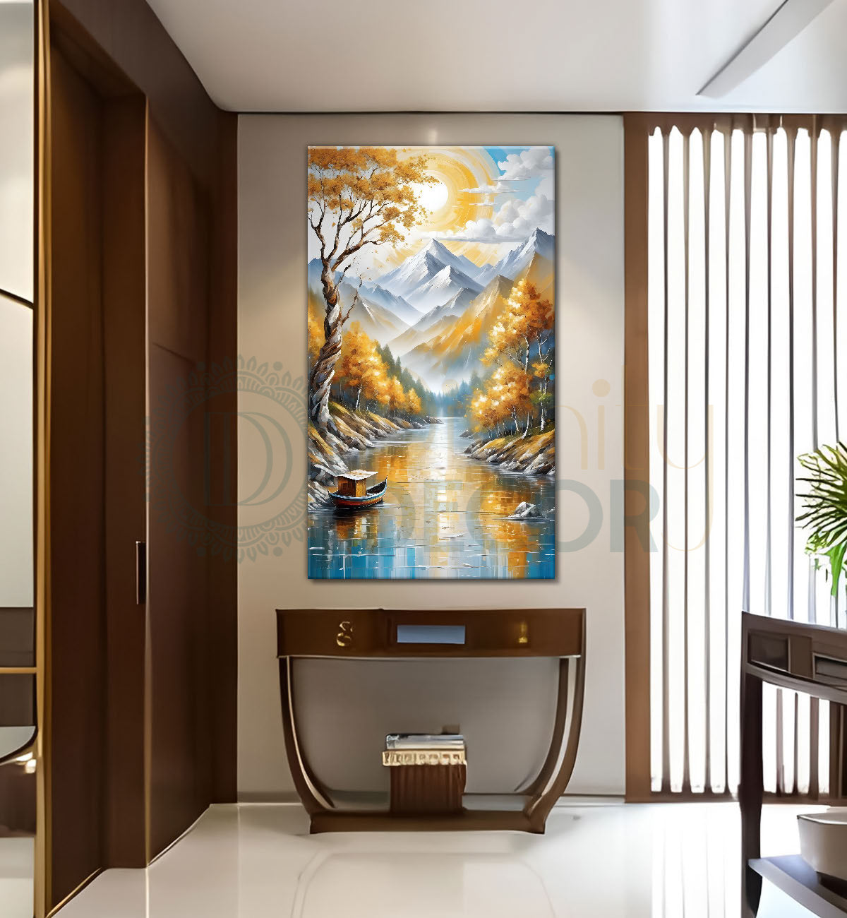 Golden trees with lake and white mountains textured painting Canvas Painting - Nature Art -V-59