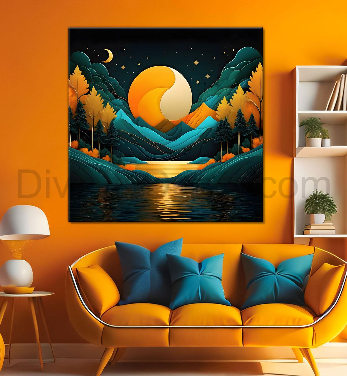 Green mountains with moon and trees painting Canvas Painting 24X24- Nature Art -S-59
