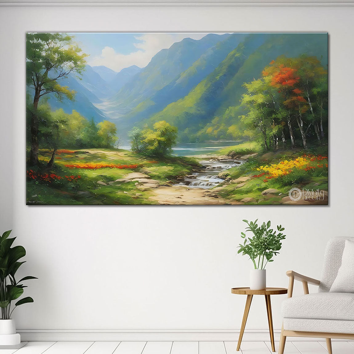 Mountains with greenery in textured natural painting Canvas Painting - Nature Art -59