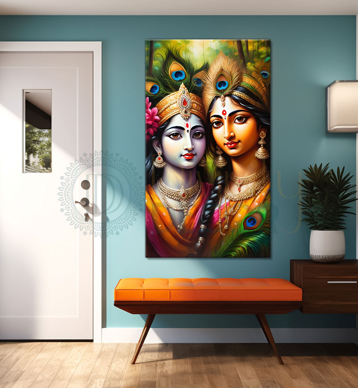 Blue face of krishna with radha in colourful background textured art Canvas Painting - Design - Krishna-V-5