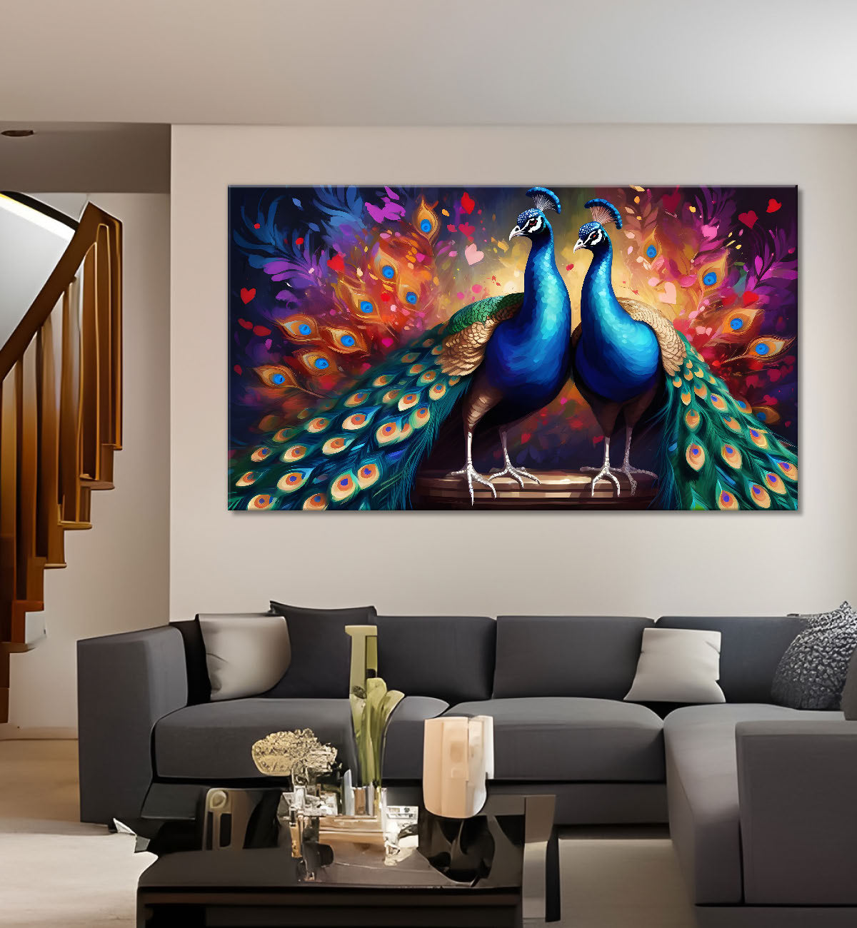 Two peacocks with beautiful background Canvas Painting - Design - Peacock-5