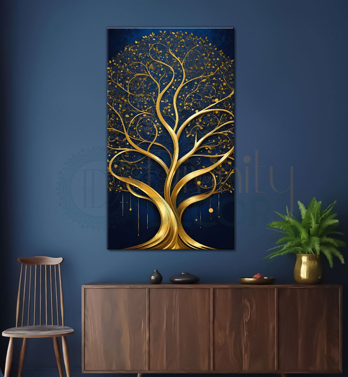Golden tree in dark blue texutred background modern art Canvas painting - Tree-V-5
