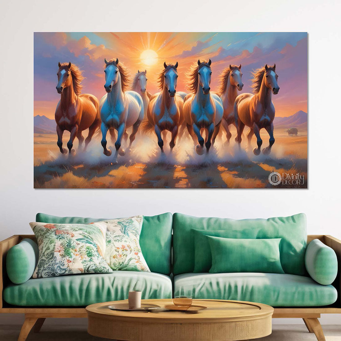 Brown running horses with sunrise textured background art Canvas Painting - Design - Horse-60