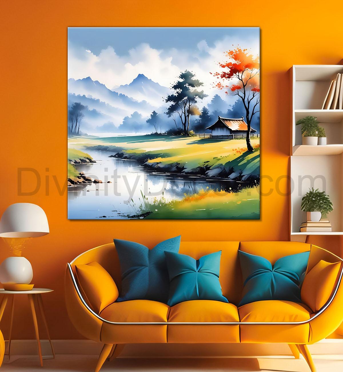Mountains with trees and river painting Canvas Painting 24X24- Nature Art -S-60
