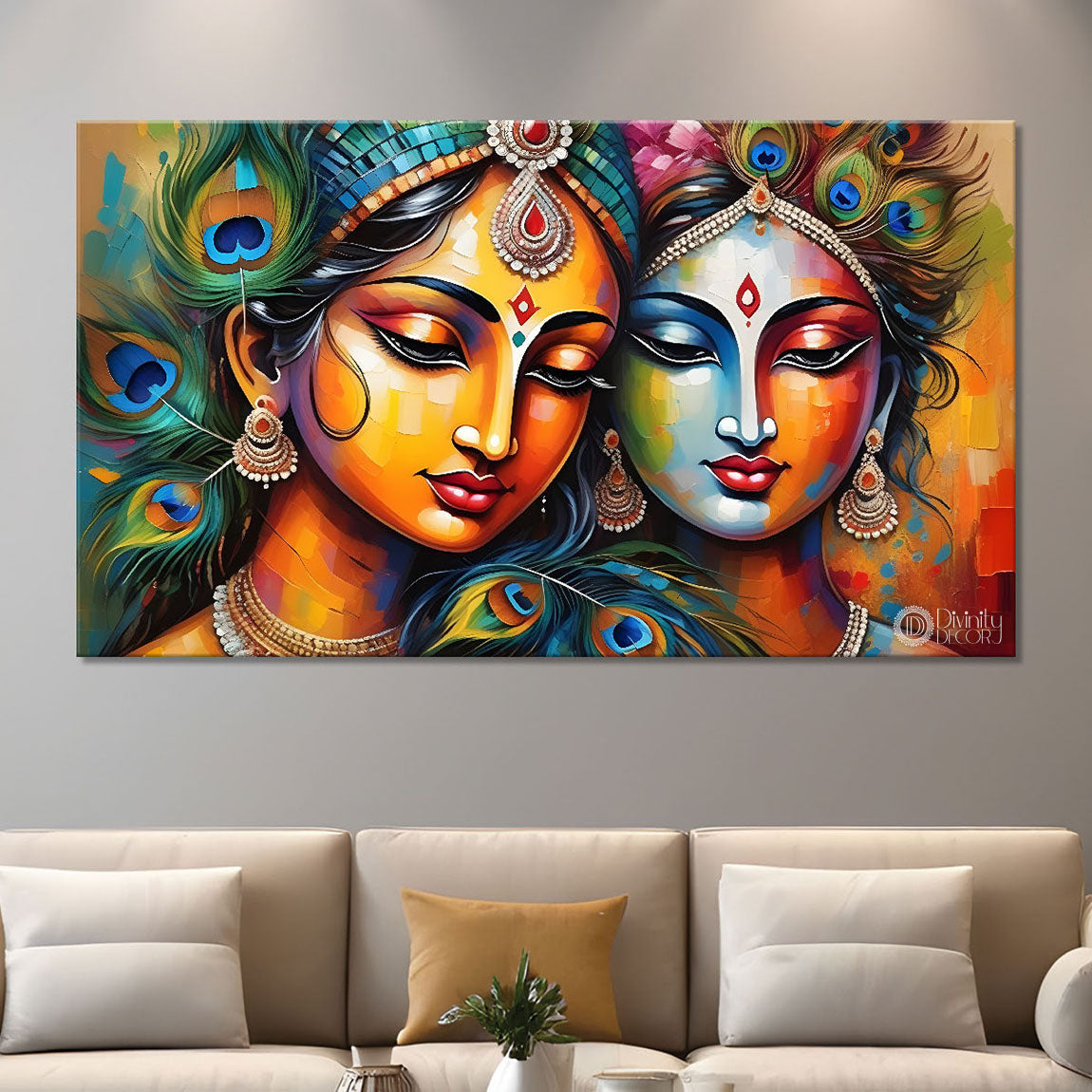 Brown face Krishna and Radha with peacock feathers painting Canvas Painting - Design - Krishna-60