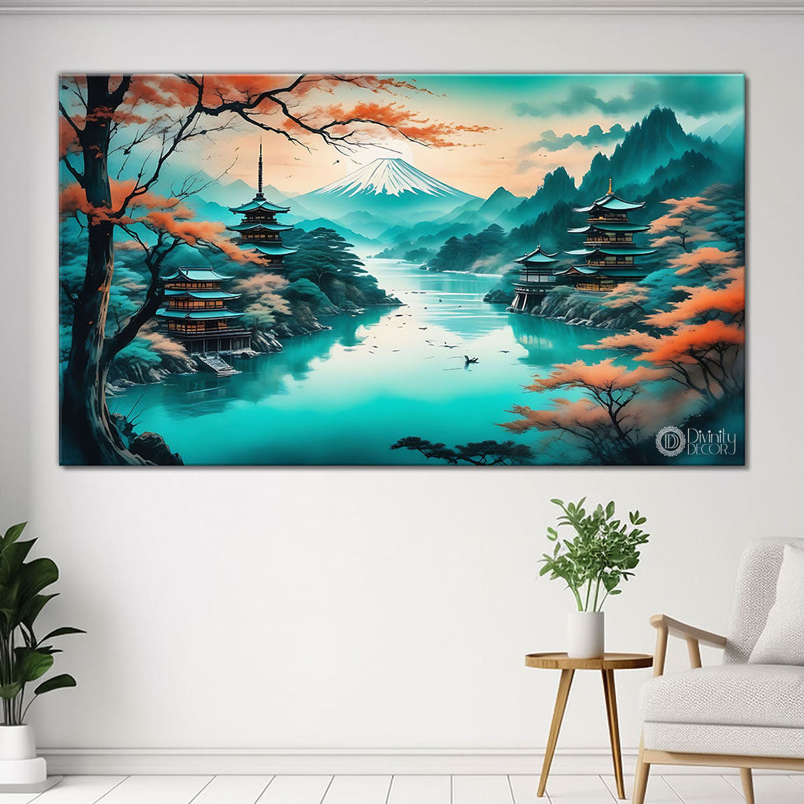 Mountains with orange trees and lake with green textured modern art Canvas Painting - Nature Art -60