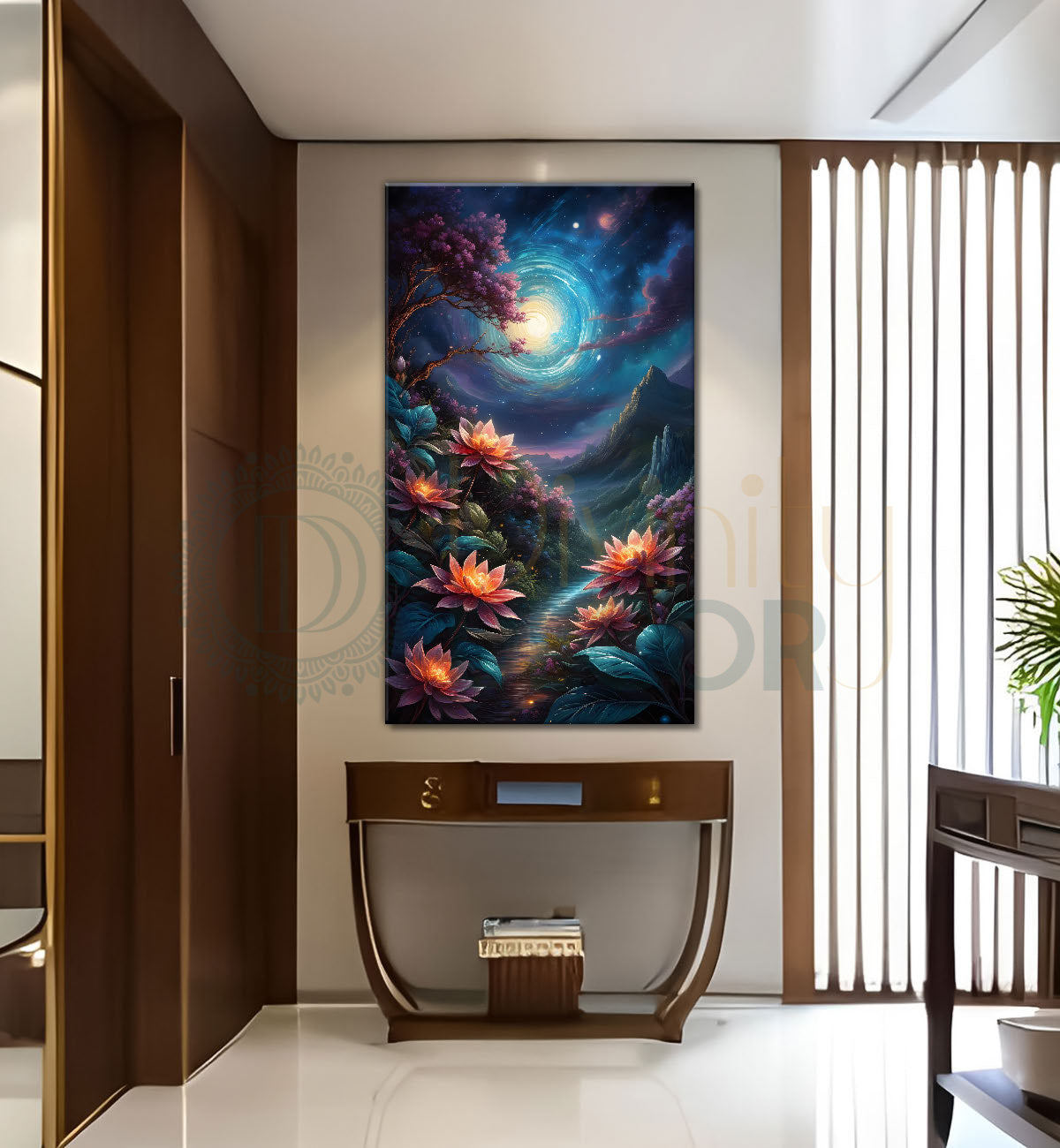 Beautiful flowers with mountians in night with moon textured painting Canvas Painting - Nature Art -V-60