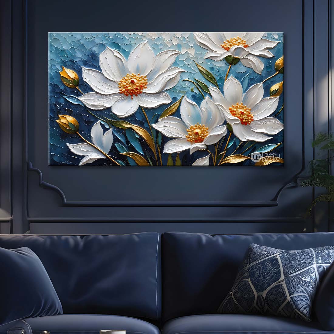 White flowers with blue textured painting- Design - Flower-60