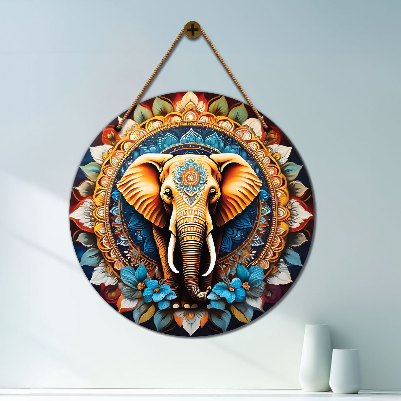 Elephant in floral and red mandala Round Wooden Wall Hanging for wall Décor - Design - 60