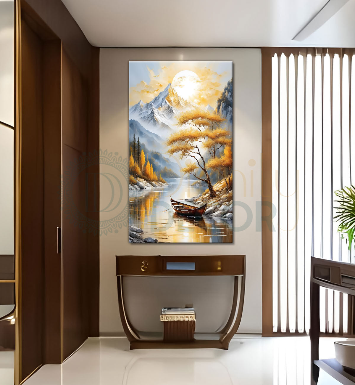 Golden trees with lake and white mountains textured painting Canvas Painting - Nature Art -V-61