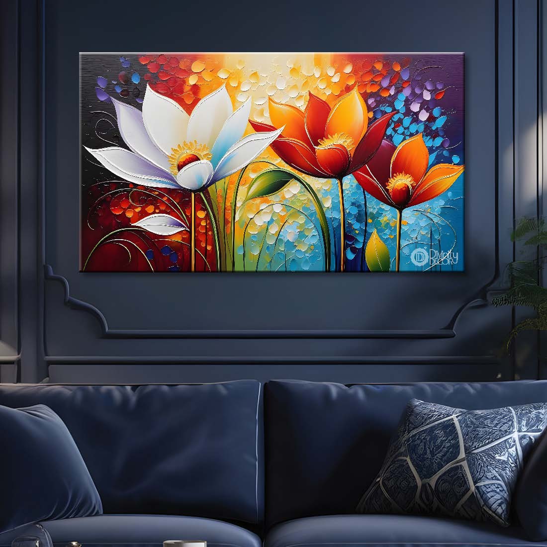 White and orange flowers with colorful textured painting- Design - Flower-61