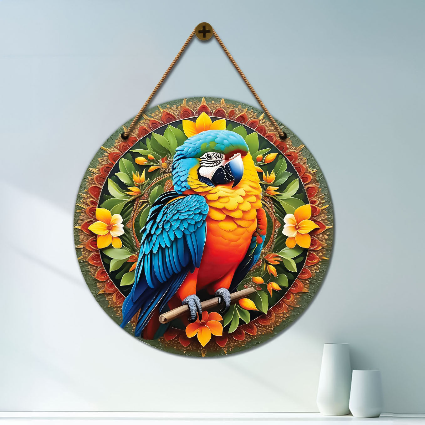 Parrot in green and yellow mandala Round Wooden Wall Hanging for wall Décor - Design - 61