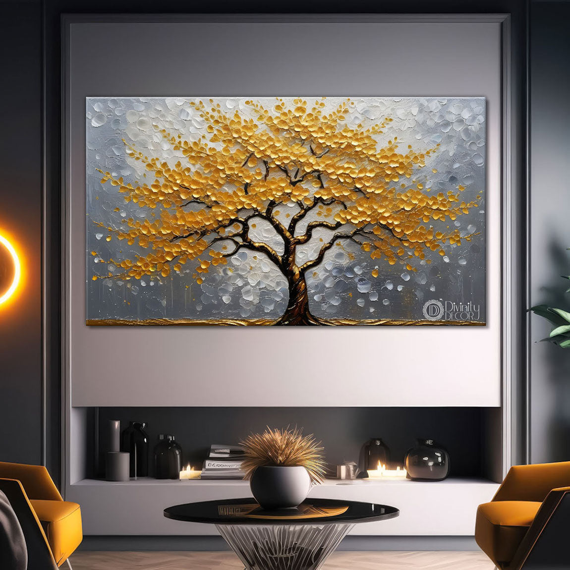 Golden tree in grey textured modern art Canvas Painting - Design - Tree-61