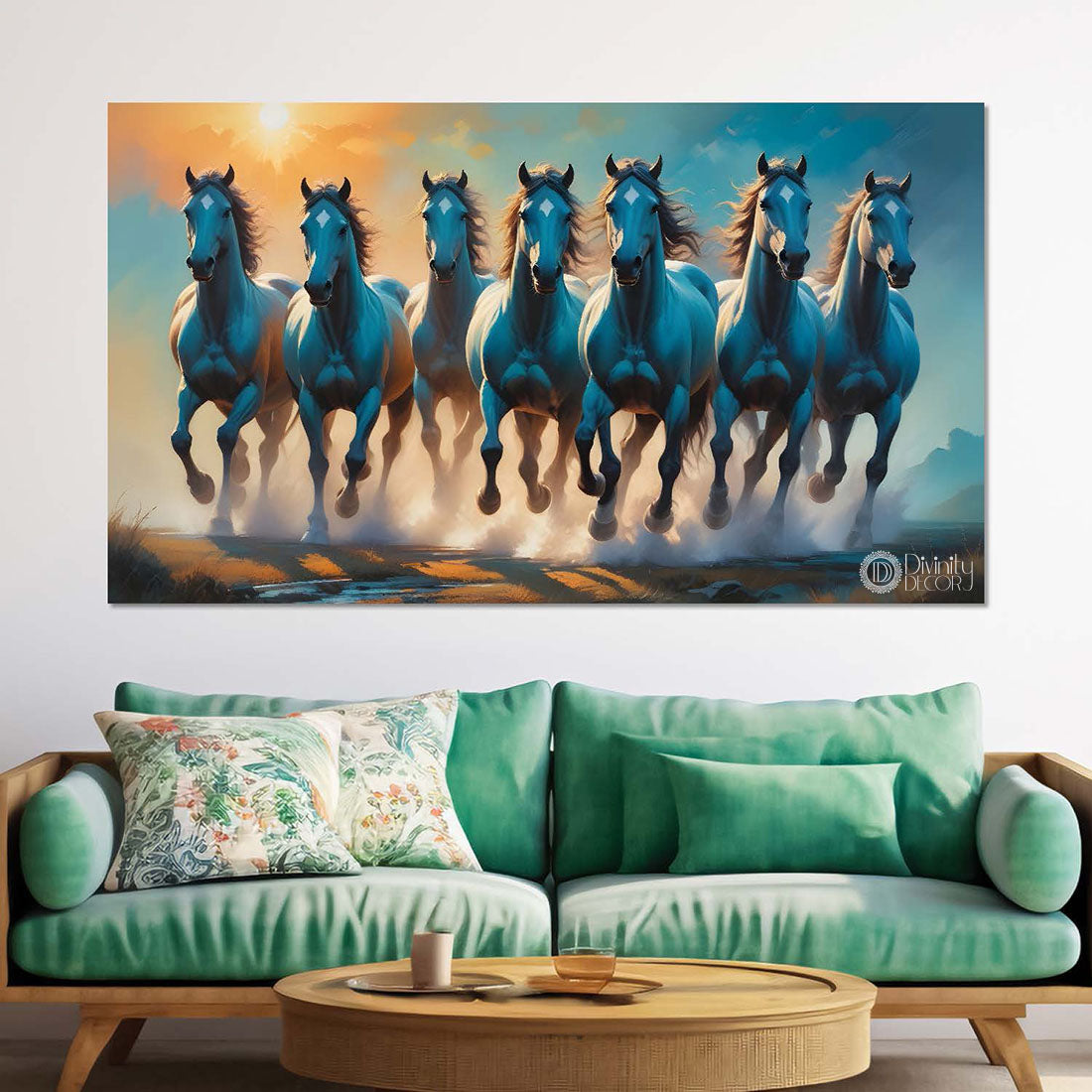 Grey running horses with sunrise and aqua blue textured background art Canvas Painting - Design - Horse-61