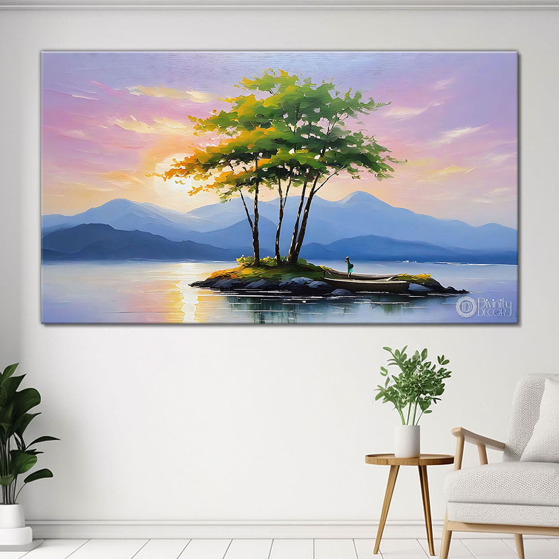 Mountains with tree in pink sky in textured natural art Canvas Painting - Nature Art -61